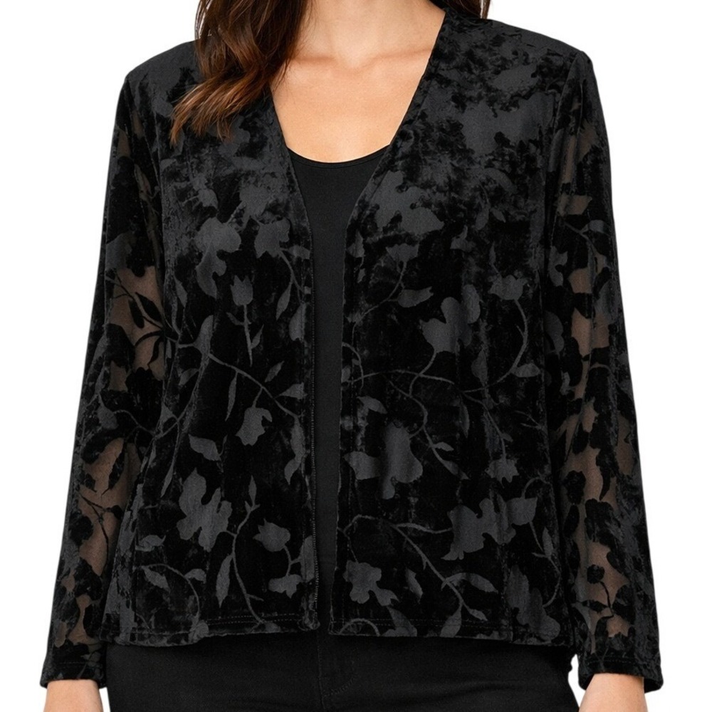 Rabbit Rabbit Designs Black Velvet Floral Burnout Cardigan Jacket Petite 10 90s